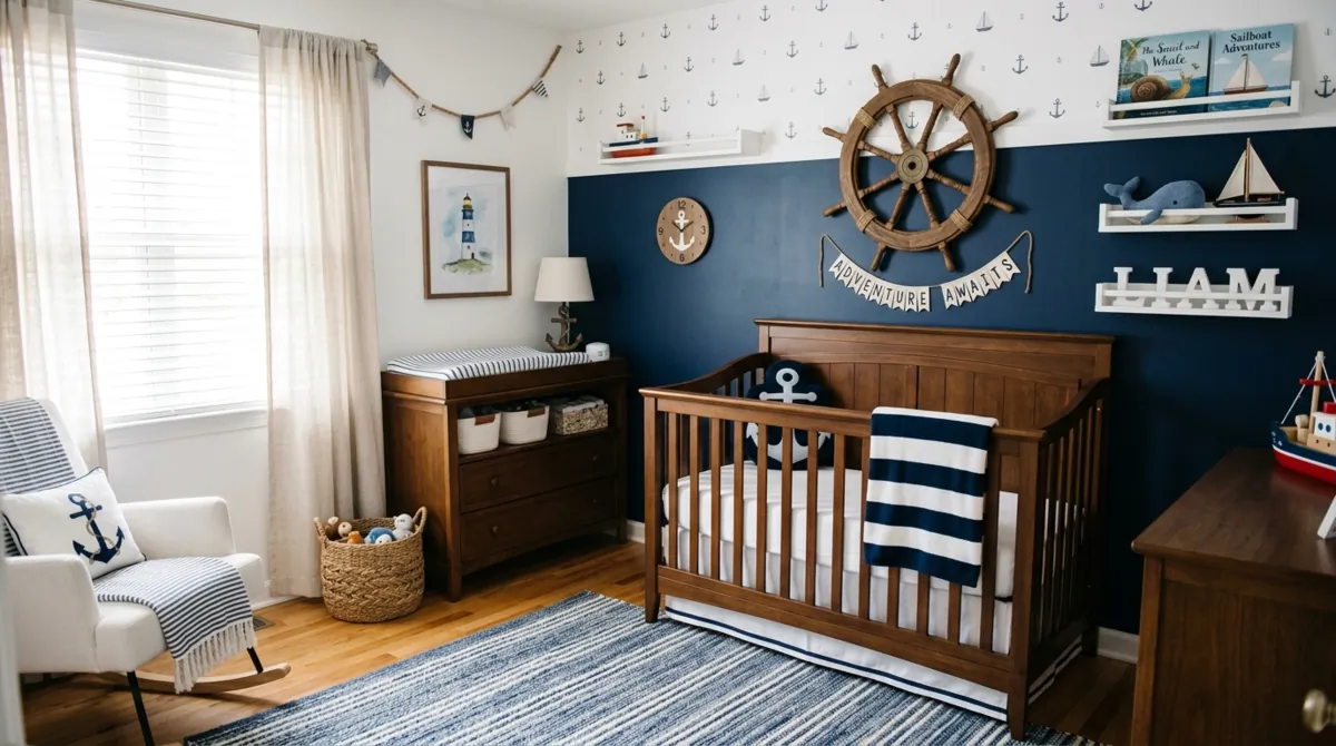 Baby boy nursery with navy and white nautical decor, wooden crib, and ship wheel wall art.