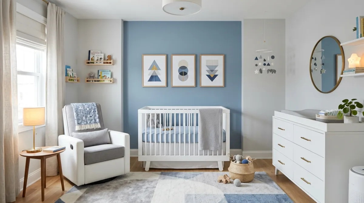 Modern baby boy nursery with gray and blue palette, white crib, and geometric wall art.
