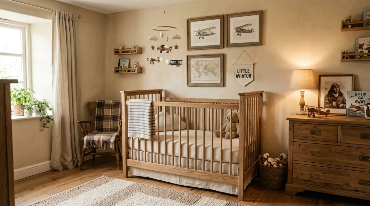 Rustic baby boy nursery with wooden crib, beige tones, and vintage airplane decor.