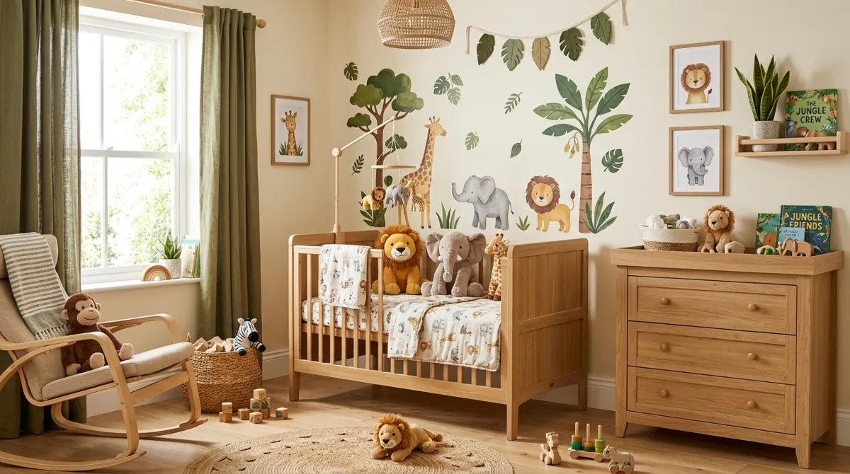 Safari-themed nursery with lion and elephant toys, green tones, jungle decals, and wood furniture.