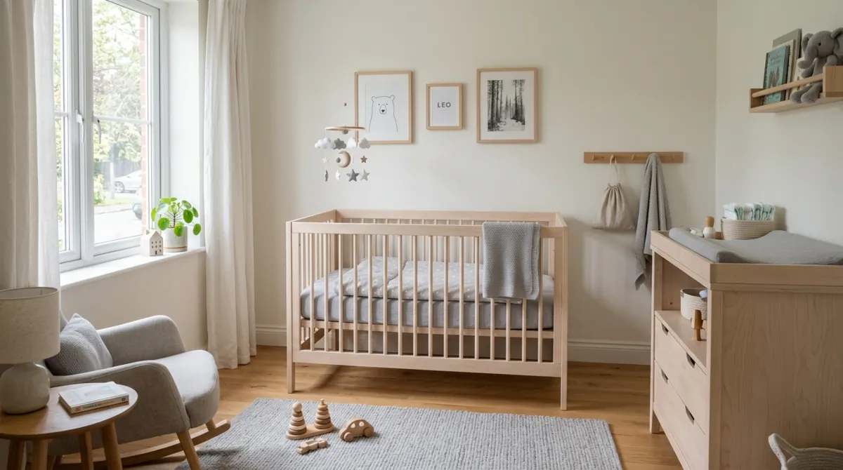 Scandinavian baby boy nursery with light wood furniture, soft gray bedding, and airy daylight.
