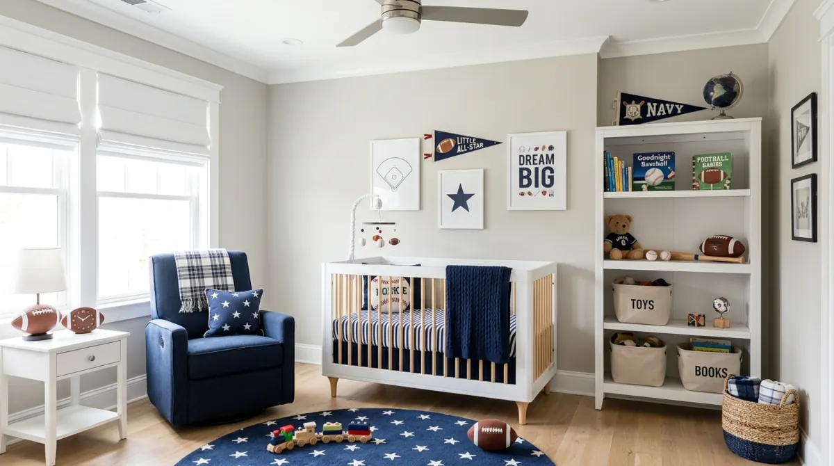 Sports-themed nursery with baseball and football decor, navy accents, and modern crib.