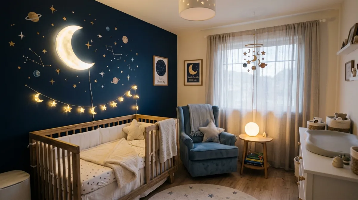 Celestial baby boy nursery with moon and stars, deep blue wall, and glowing lights.