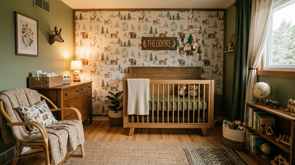Woodland nursery with forest animal decor, green and brown tones, wooden crib, and natural textures.