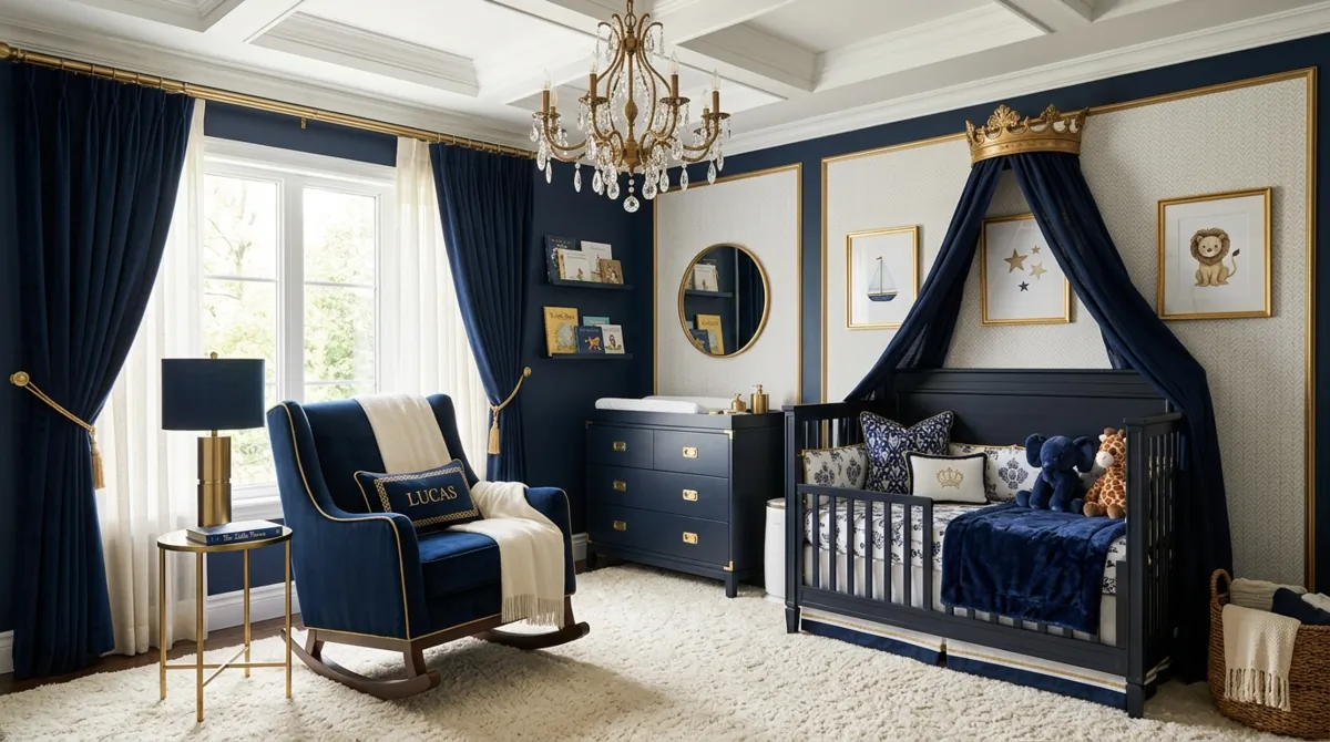 Luxury baby boy nursery with rocking chair, chandelier, navy and gold accents, and plush carpet.
