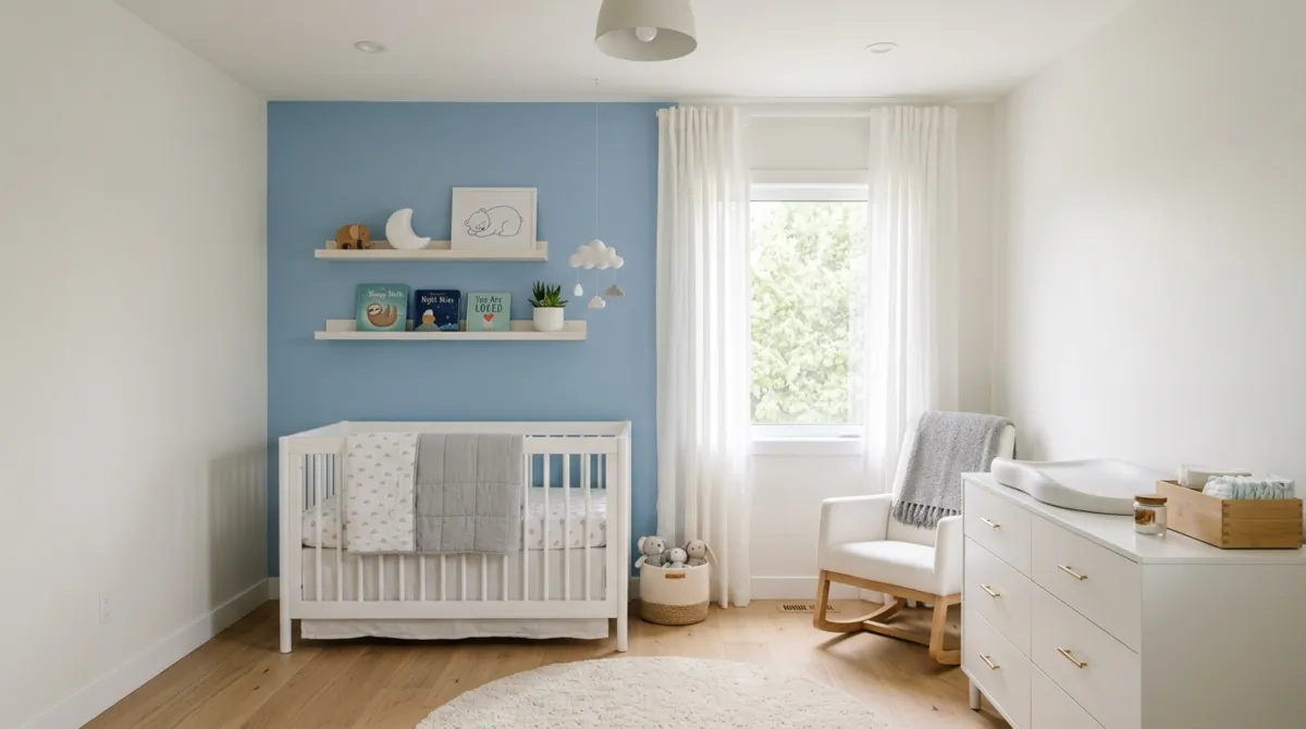 Modern minimalist nursery with white crib, soft blue accent wall, shelves, and natural light.