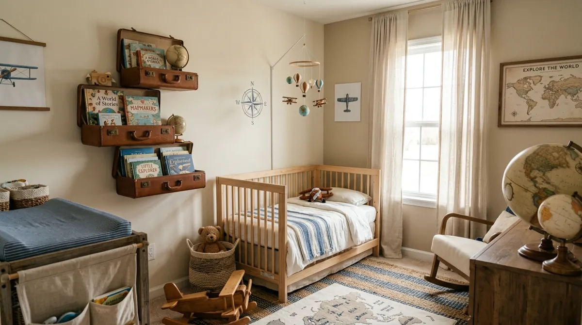Travel-themed nursery with airplane and globe decor, suitcase shelves, and blue accents.