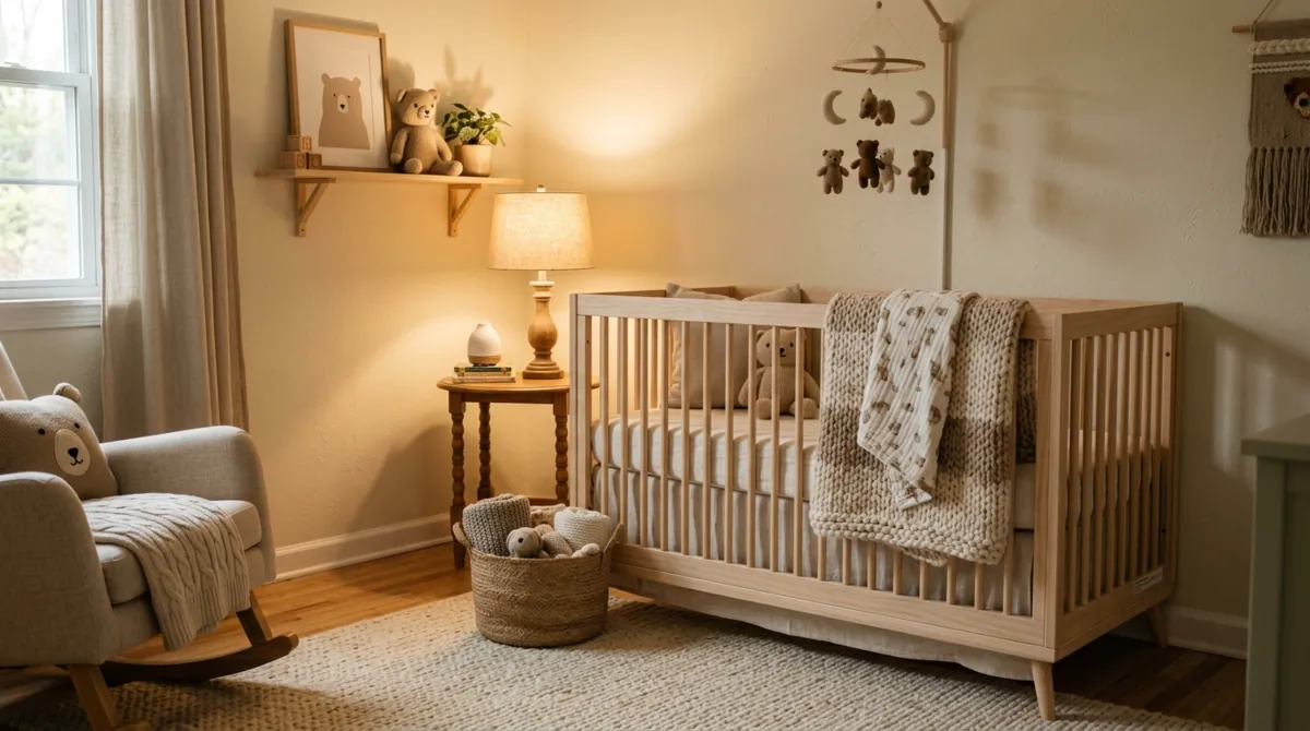 Cozy baby boy nursery with knit blankets, teddy bear decor, earthy palette, and warm lamp light.