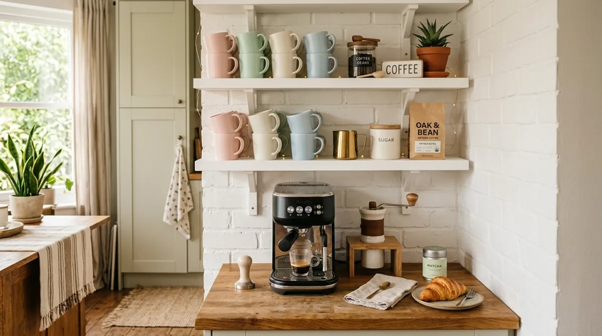 Cute home coffee bar with white floating shelves, pastel mugs, espresso machine, and morning light.
