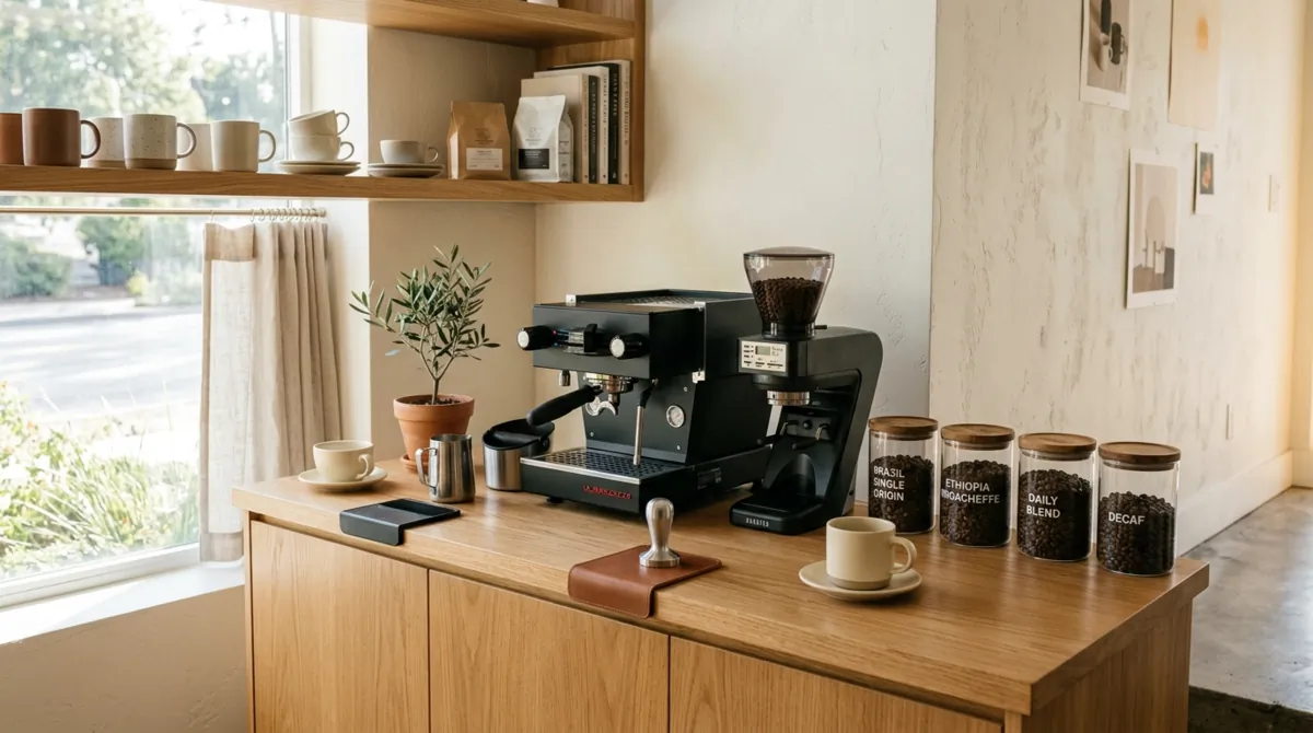 Coffee bar with wood counter, glass coffee bean jars, minimal espresso setup, and neutral tones.