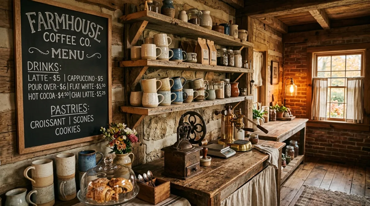 Farmhouse coffee bar with rustic shelves, vintage grinder, ceramic mugs, and chalkboard menu.