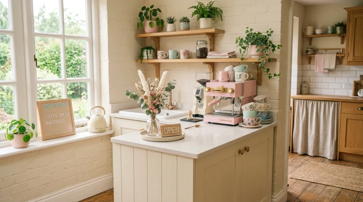 Pastel coffee bar with pink and cream accents, decorative cups, and potted plants.