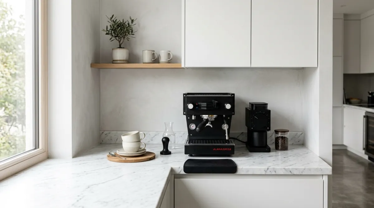 Minimal coffee corner with black coffee machine, white marble counter, and organized layout.