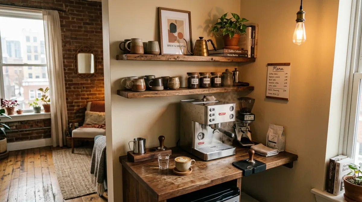 Small apartment coffee bar with wall shelves, compact espresso machine, and wood accents.