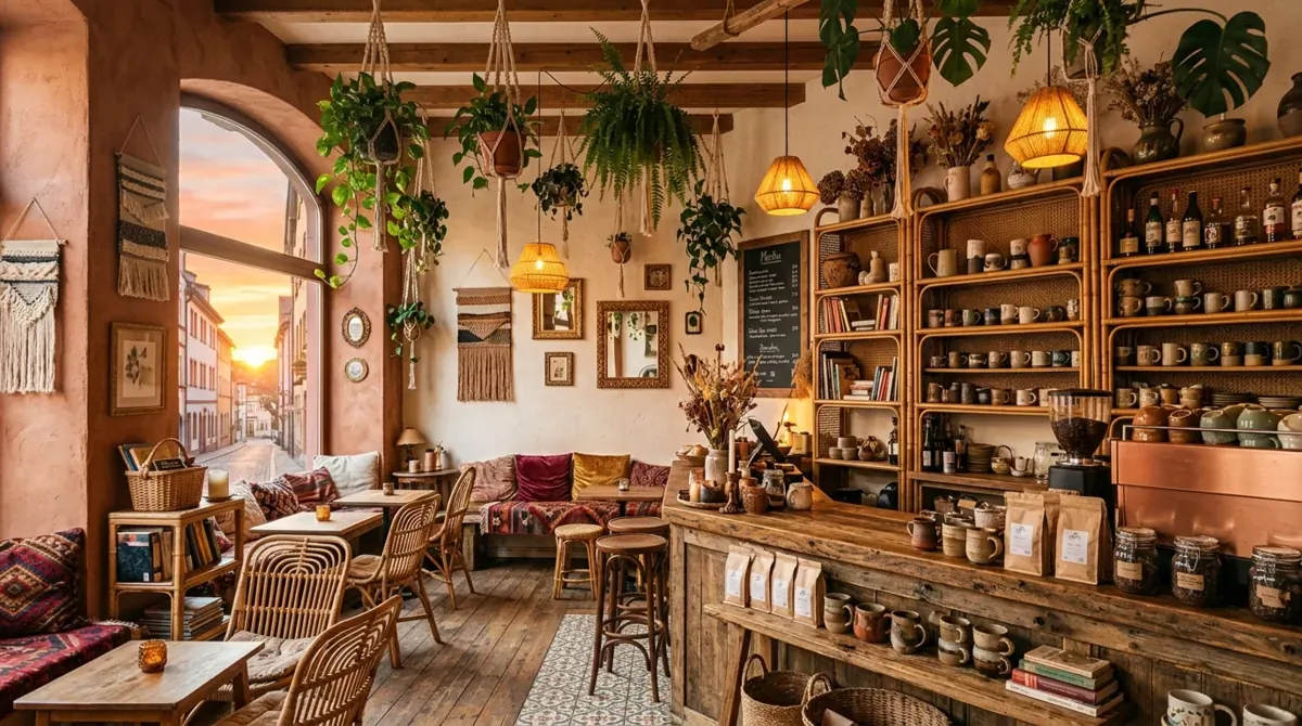Bohemian coffee bar with rattan shelves, hanging plants, ceramic mugs, and textured decor.