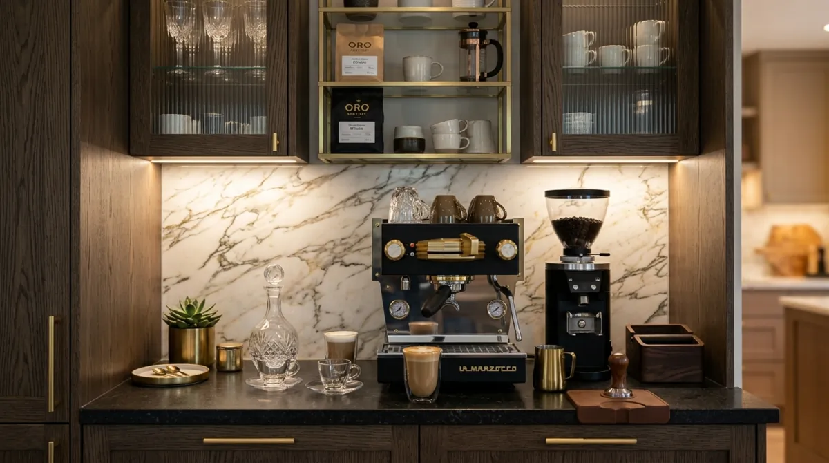 Luxury coffee station with espresso machine, marble backsplash, gold accents, and glassware.