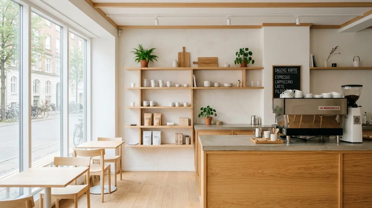 Scandinavian coffee bar with light wood shelves, white ceramics, minimal decor, and daylight.