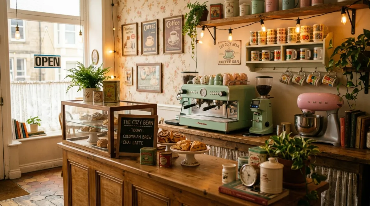 Vintage-inspired coffee bar with retro coffee maker, patterned mugs, and pastel appliances.