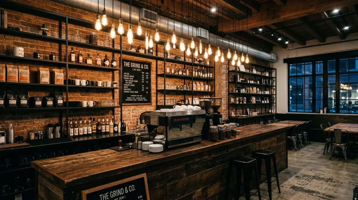 Industrial coffee bar with black shelves, exposed brick, Edison bulbs, and espresso setup.