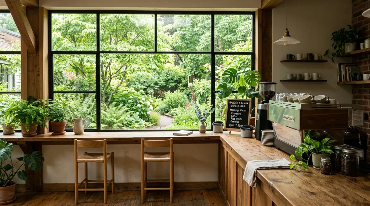 Coffee bar by large window with greenery view, wood counter, and coffee essentials.