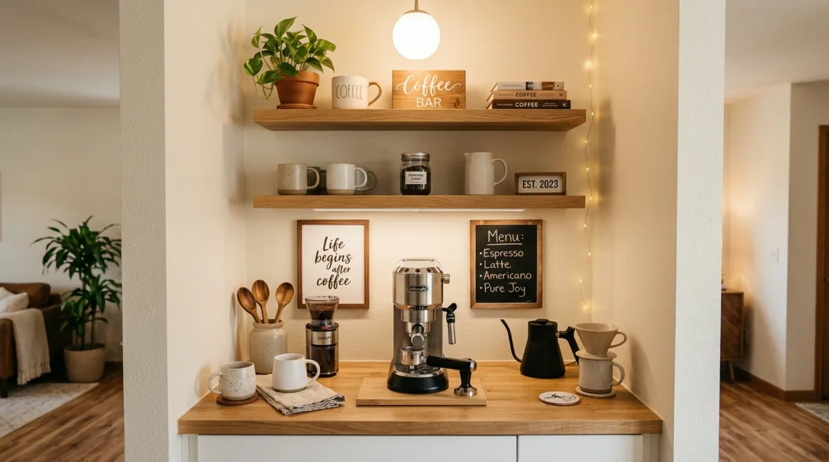 Compact coffee nook with floating shelves, small espresso machine, decorative signage, and warm light.