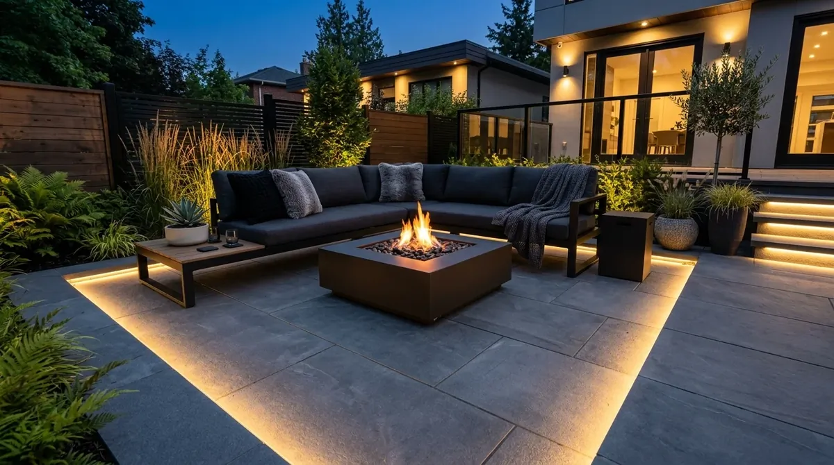 Modern back patio with stone tiles, black outdoor sofa, fire pit, and warm evening floor lighting.