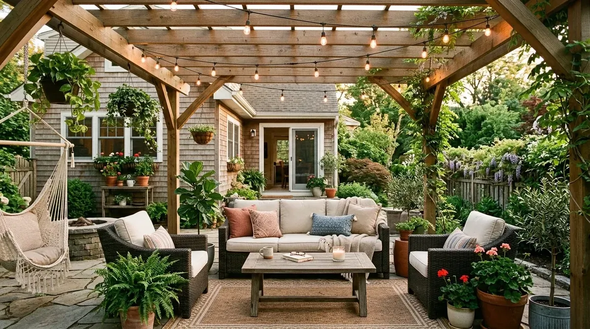 Cozy patio with wood pergola, wicker furniture, string lights, and potted greenery.
