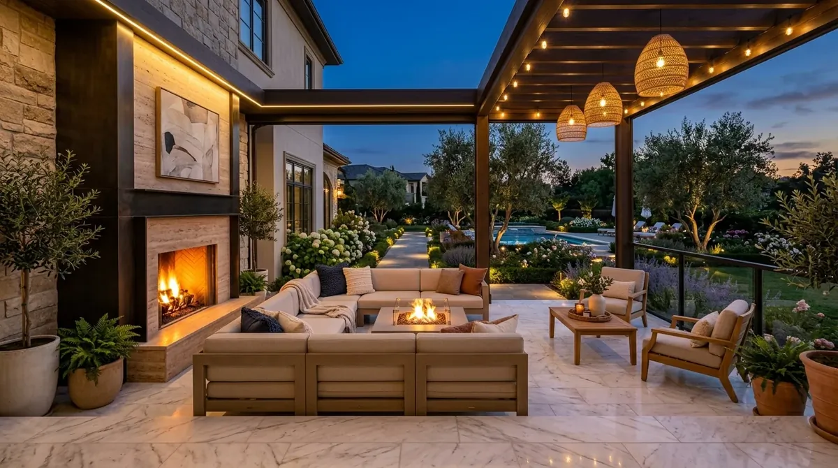 Luxury back patio with marble flooring, sectional seating, fireplace wall, and elegant lighting.