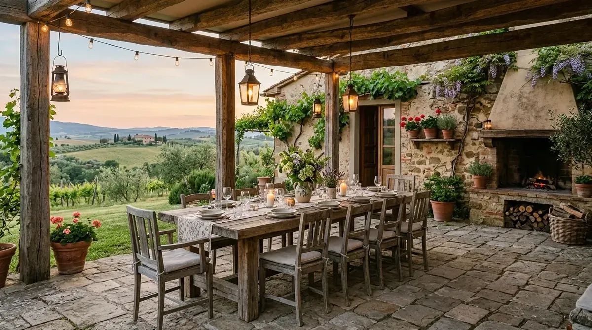 Rustic farmhouse patio with reclaimed beams, stone flooring, lanterns, and wood dining table.
