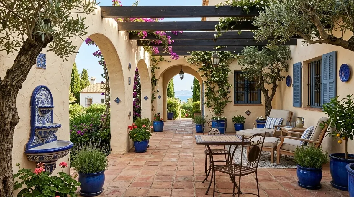 Mediterranean-style patio with terracotta tile, stucco walls, blue accents, and olive trees.