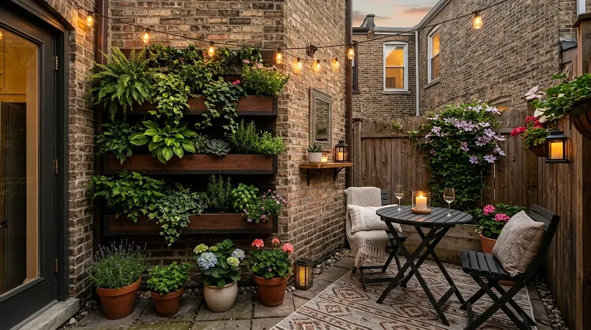 Compact urban patio with bistro set, vertical garden wall, foldable furniture, and soft lighting.