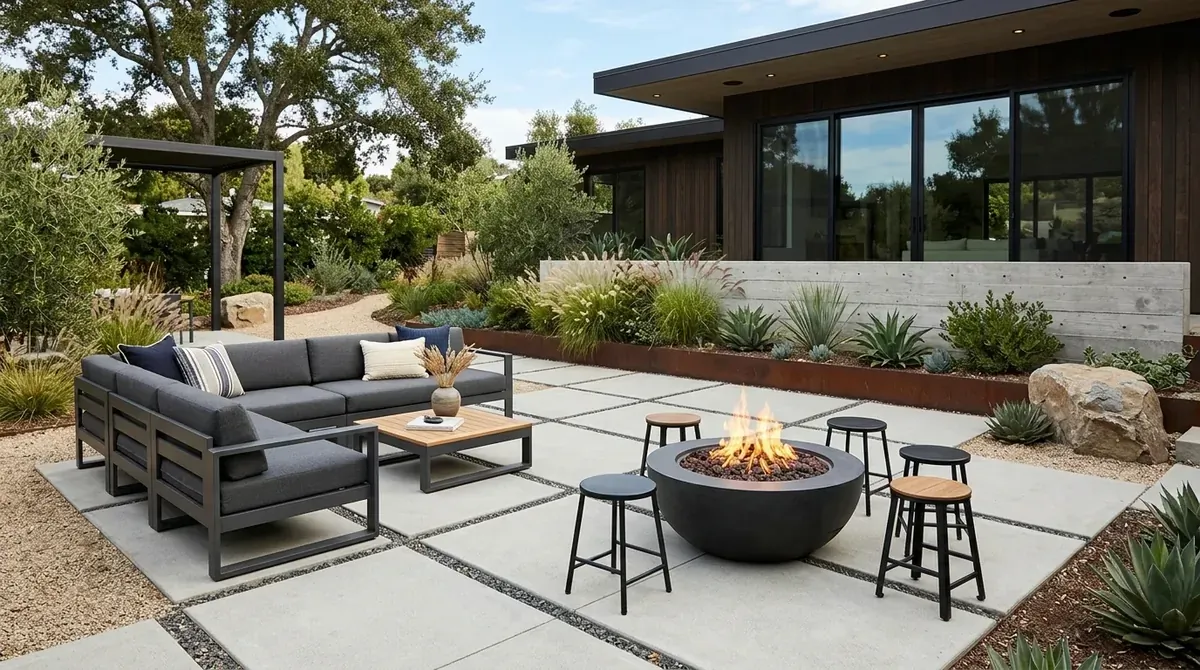 Contemporary patio with concrete slabs, modular seating, sleek fire bowl, and minimal landscaping.