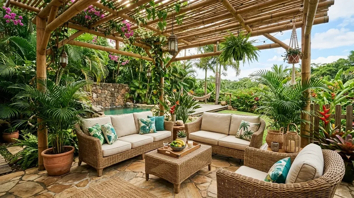 Tropical patio with bamboo pergola, palm plants, rattan furniture, and natural stone flooring.