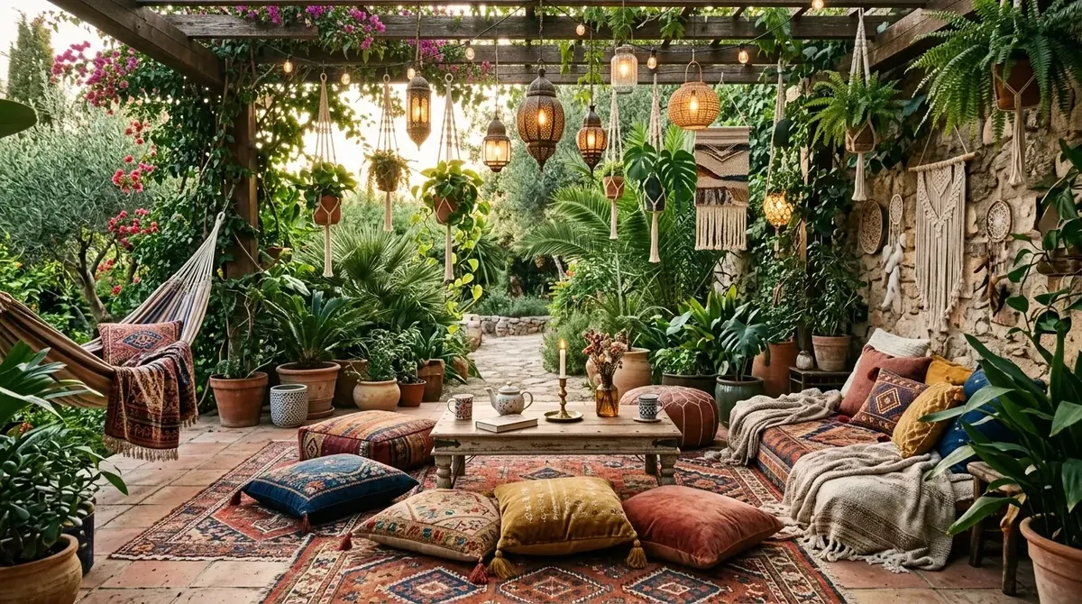 Bohemian patio with rugs, floor cushions, macrame accents, lanterns, and abundant greenery.