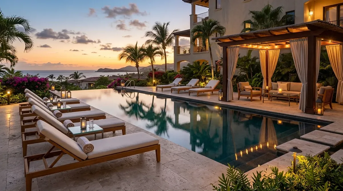 Poolside patio with loungers, cabana shade, glass tables, and soft reflected evening light.