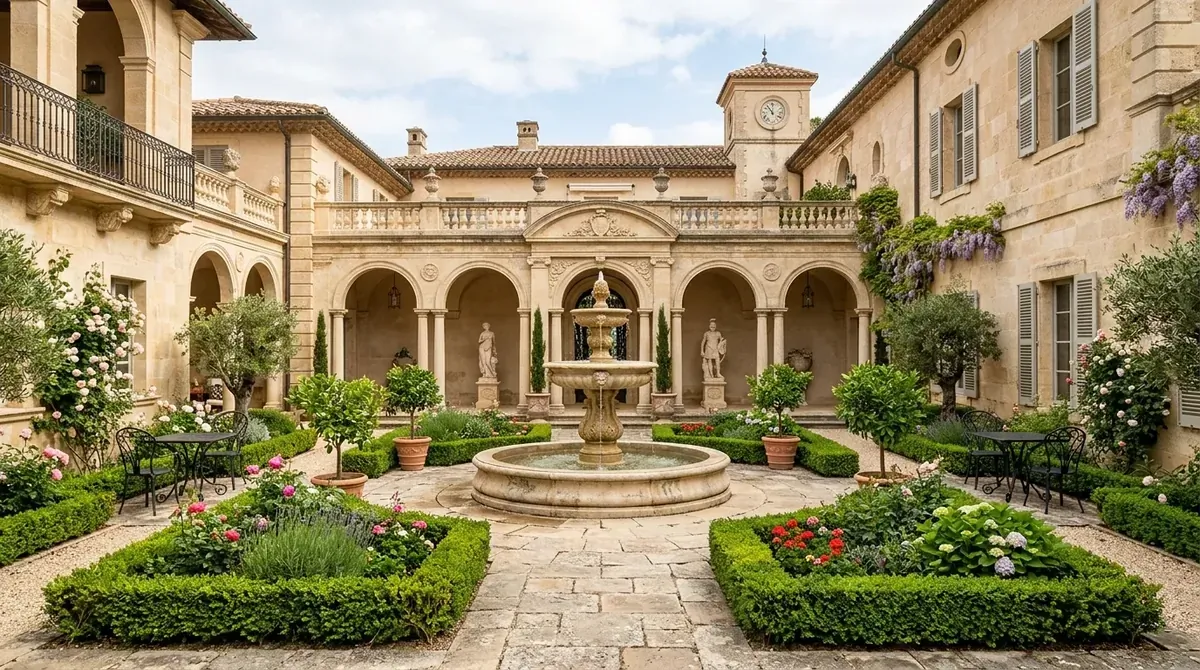 Stone courtyard patio with central fountain, symmetrical planting beds, and wrought iron seating.