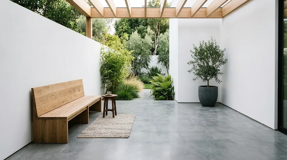 Minimal patio with white walls, gray concrete, simple wood bench, and uncluttered modern design.