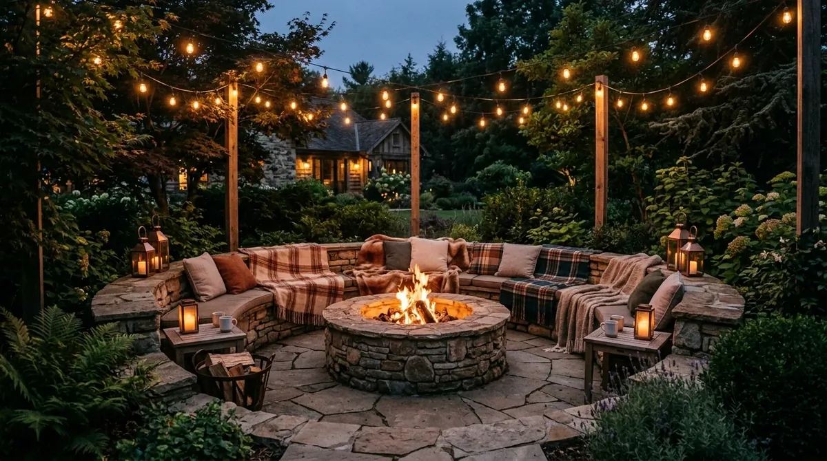 Cozy back patio with circular seating, stone fire feature, blankets, and ambient light.