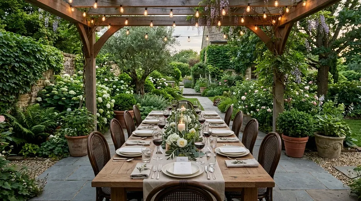 Elegant outdoor dining patio with long wooden table, overhead lights, and lush garden surroundings.