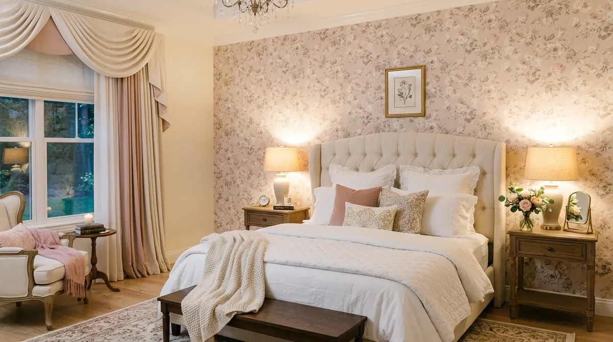 Elegant bedroom with blush floral wallpaper, upholstered headboard, and warm bedside lamps.