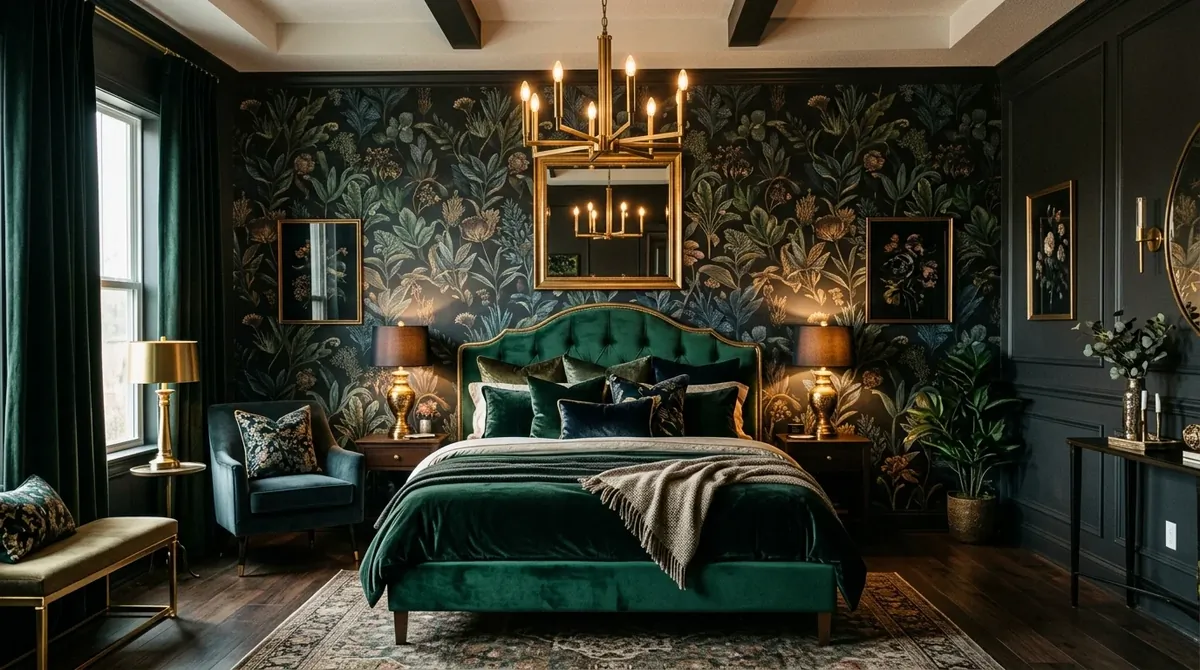Luxury bedroom with moody botanical wallpaper, velvet bed, gold lighting, and layered dark textures.