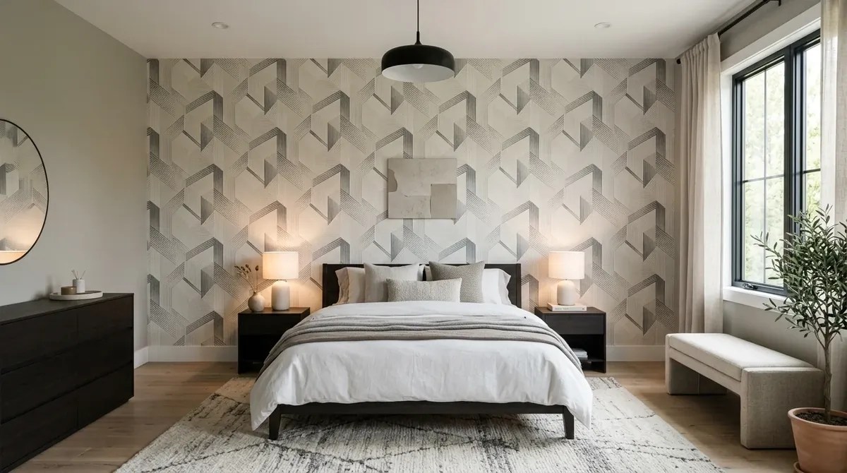 Modern bedroom with geometric wallpaper, minimal furniture, clean lines, and ambient lighting.