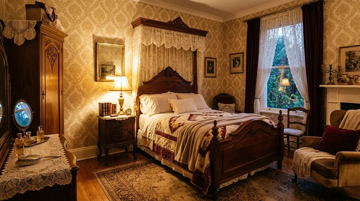 Vintage-inspired bedroom with damask wallpaper, antique furniture, lace curtains, and warm golden glow.