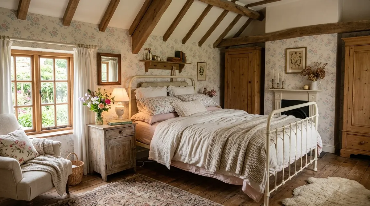 Cozy cottage bedroom with pastel floral wallpaper, linen bedding, rustic wood accents, and gentle daylight.