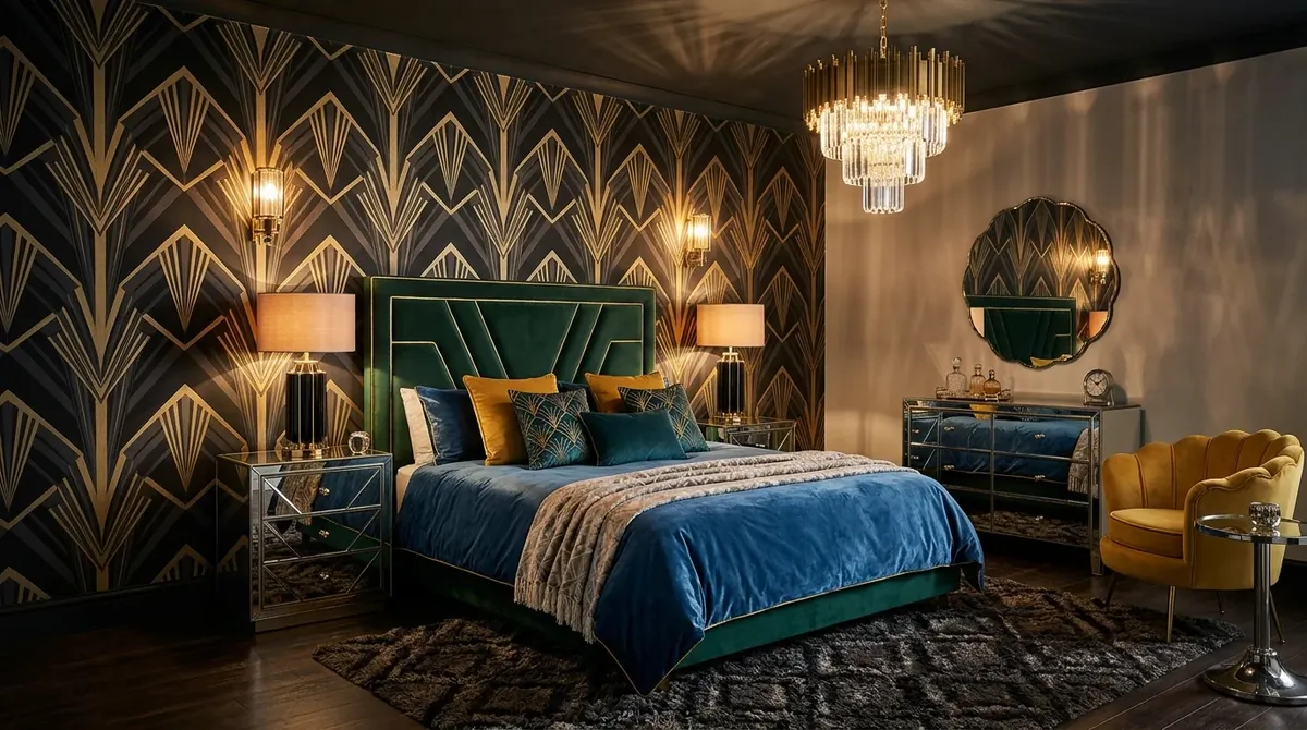 Art deco bedroom with bold wallpaper, mirrored furniture, velvet textures, and dramatic light.