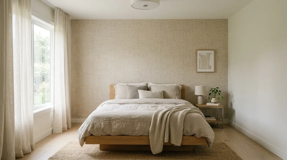 Minimal bedroom with subtle beige textured wallpaper, simple bed, and calm uncluttered styling.