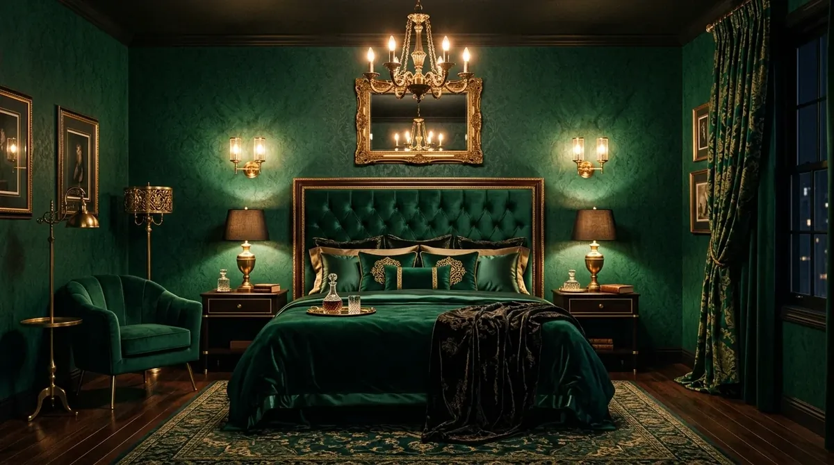 Luxury dark bedroom with deep emerald wallpaper, tufted headboard, brass lights, and rich fabrics.