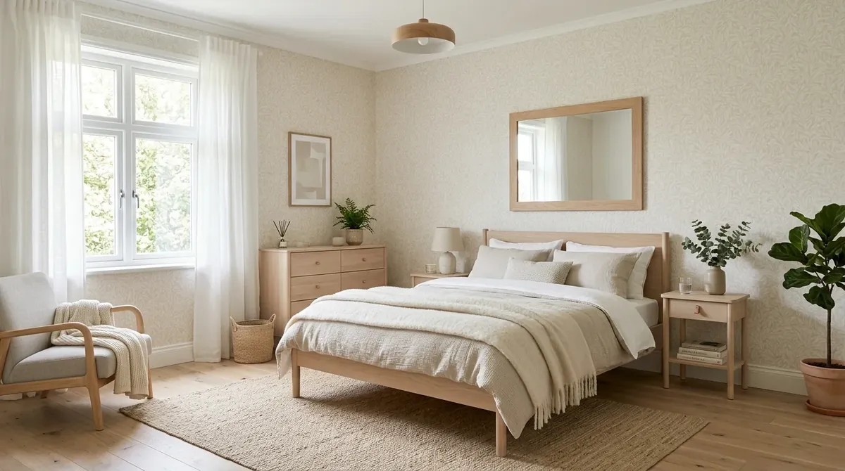 Scandinavian bedroom with light patterned wallpaper, pale wood furniture, neutral bedding, and airy daylight.