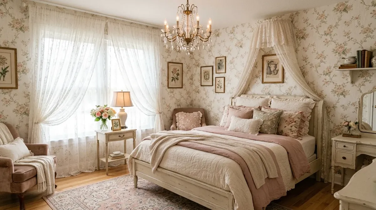 Romantic bedroom with floral vine wallpaper, sheer curtains, chandelier, and pastel decor.