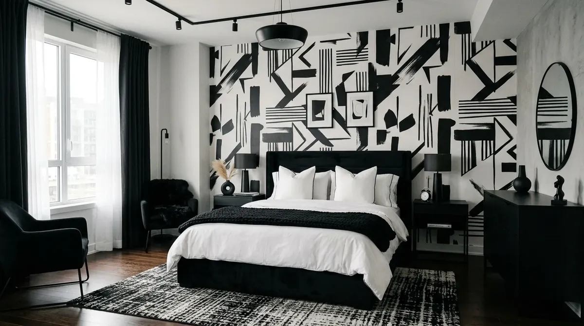 Modern monochrome bedroom with abstract black-and-white wallpaper and sleek furniture.